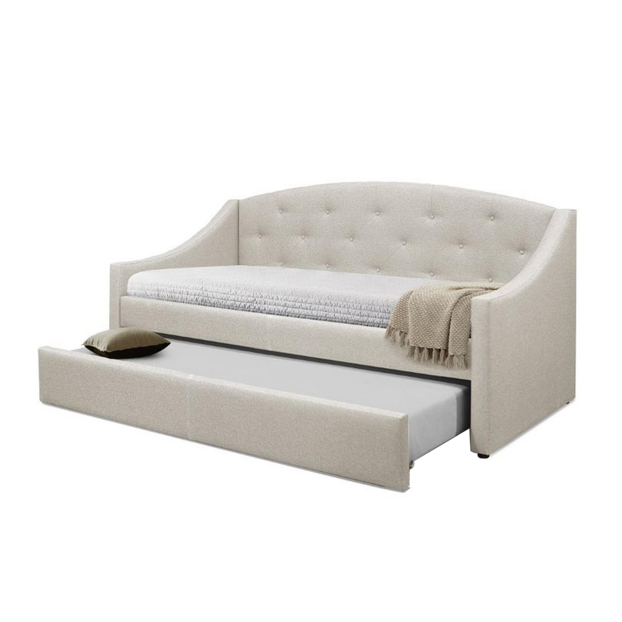 Clark Modern Wood Twin Daybed with Trundle, Polylinen, Button Tufted, Beige