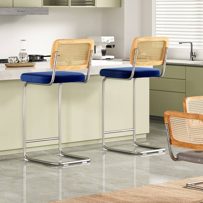 Counter Height Bar Stools Set of 2, Upholstered Velvet Barstools with Rattan Back, 30 inch Stools Armless Bar Chairs