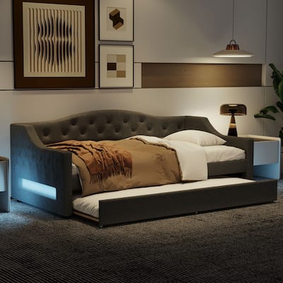 Twin XL Linen Upholstered Daybed with Color-Changing LED Lights and Space-Saving Trundle, Sturdy Frame