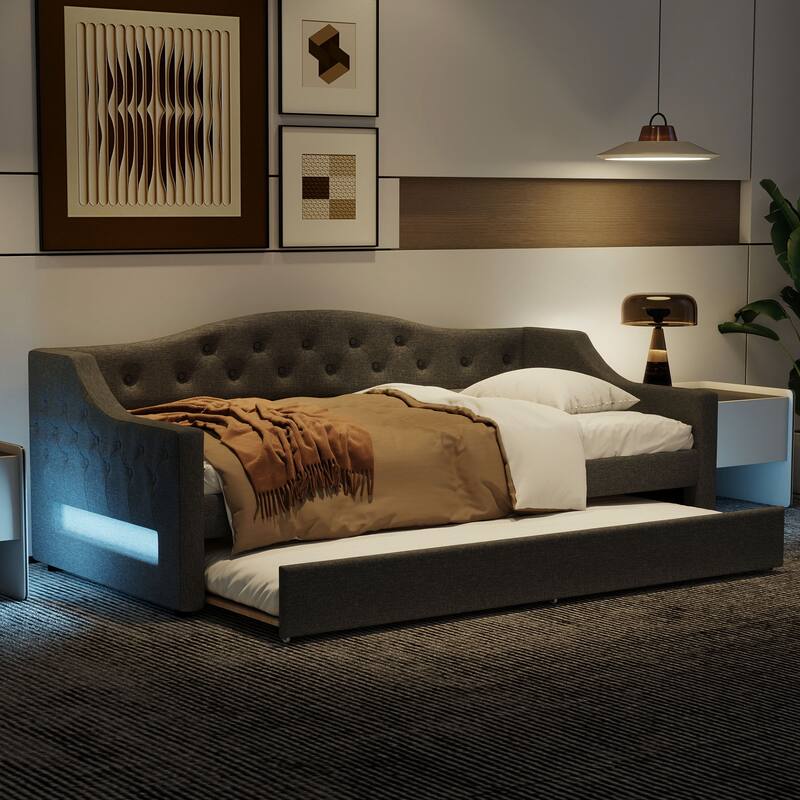 Twin XL Size Upholstered Daybed with Linen Cover Backrest & Trundle, Wood Sofa Bed Frame with LED lighting, No Box Spring Needed