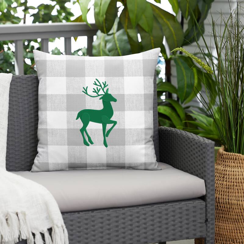 Deer Buffalo Plaid Indoor/ Outdoor Pillow, 18 in x 18 in - Grey