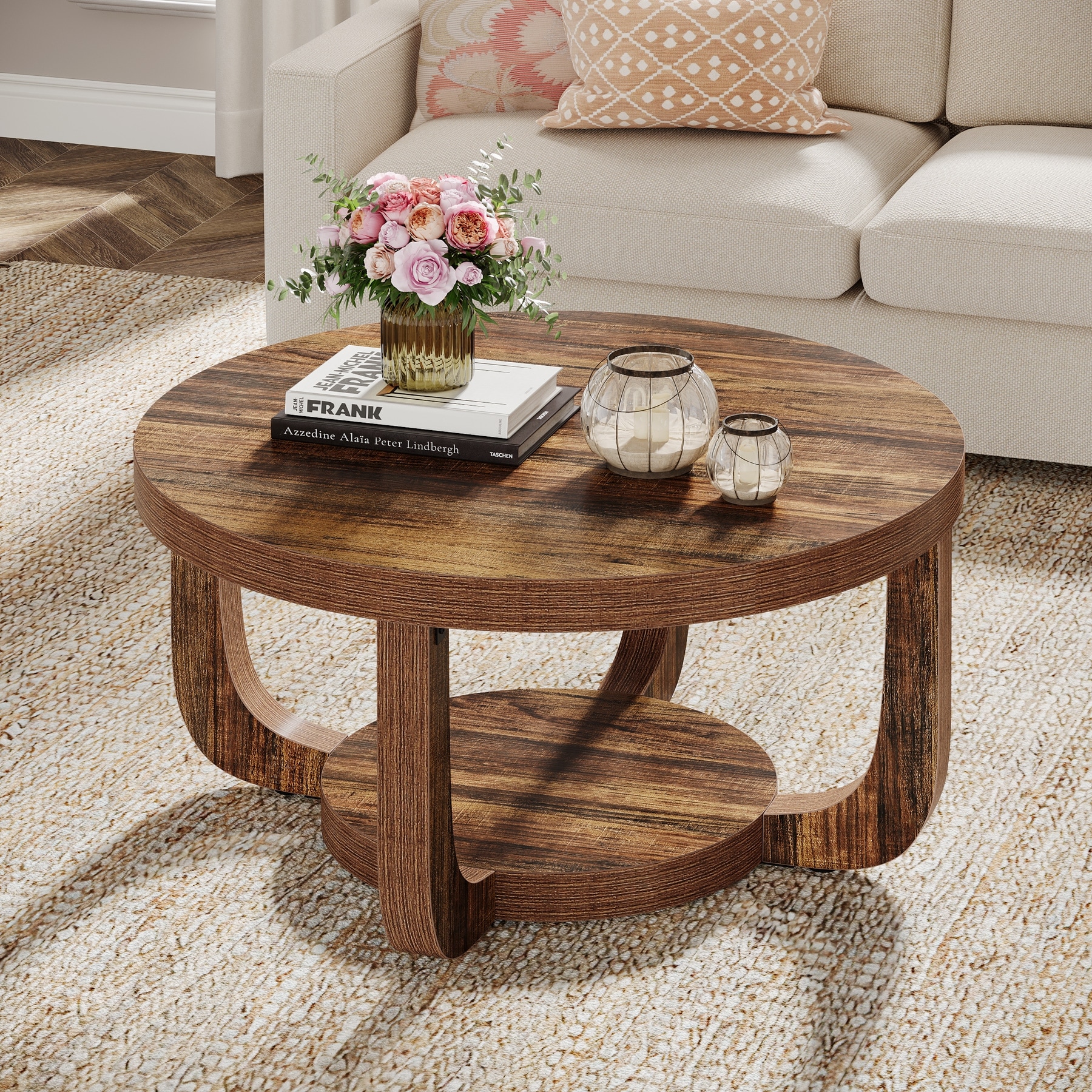 2-Tier Round Coffee Table, Wooden Accent Center Table for Living Room, Brown - Large