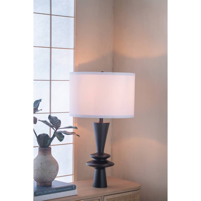 D15x26.7" Black Aluminum Table Lamp with Two Varying Round Accents and White Drum Shade(Lamp Shade Assembly Required)