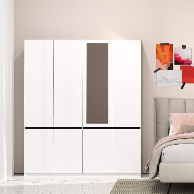 63"W White Wardrobe Armoire Closet,Large Wardrobe Cabinet with Hanging Rod and mirror, Clothes Storage Cabinet