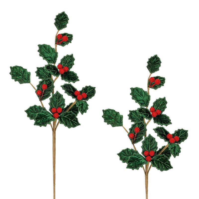 25" Beaded Velvet Holly Spray