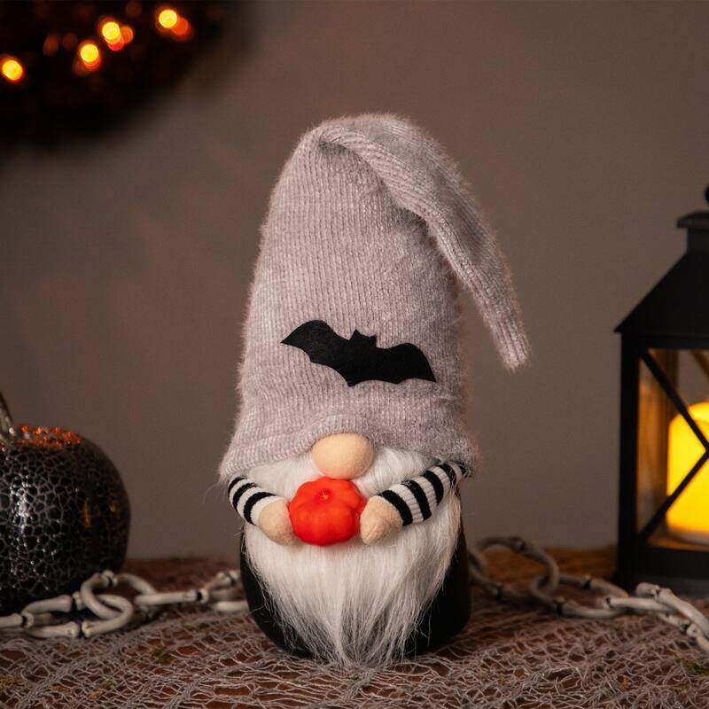 Standing Gnome with Pumpkin and Bat Hat Halloween Figurine - 9.5"