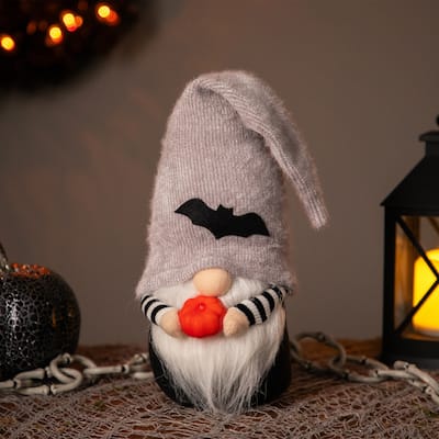 Standing Gnome with Pumpkin and Bat Hat Halloween Figurine - 9.5"
