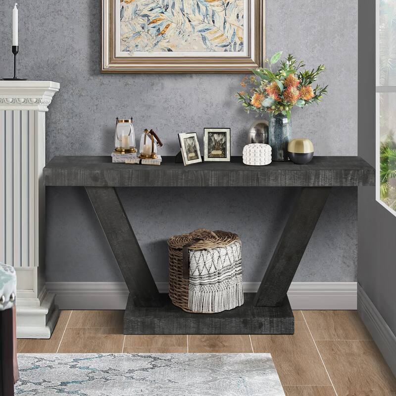 GDFStudio - 60" Vintage Distressed Wood Entryway Bench with 2-Tier Storage Cabinet