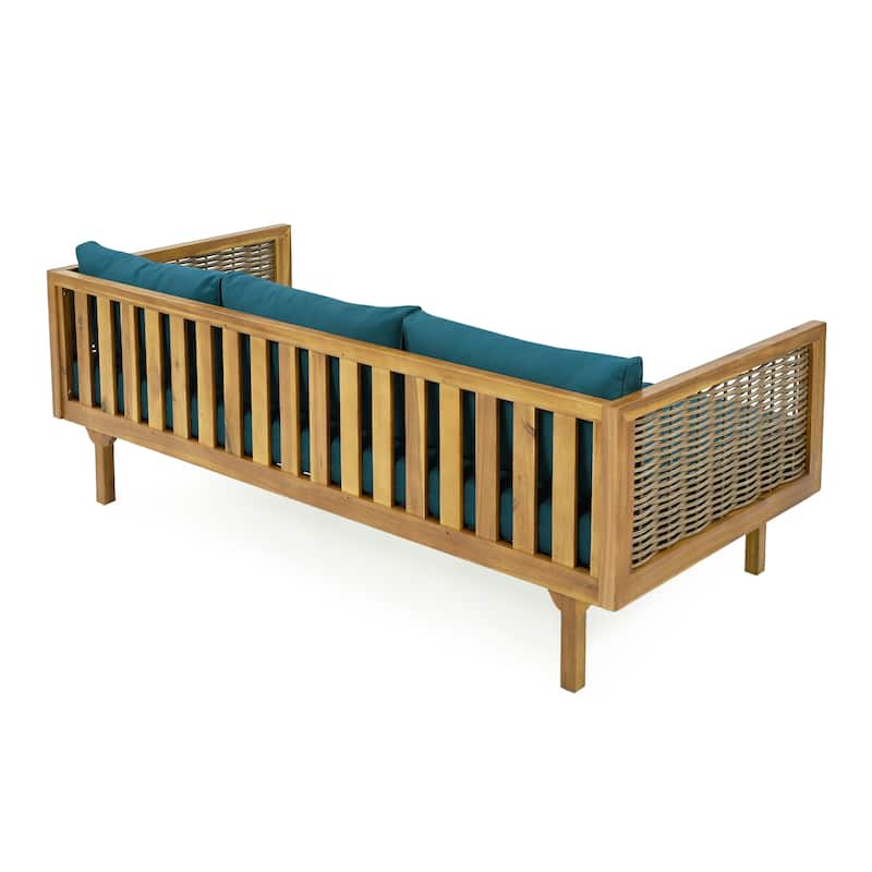 Roomfitters 3 Seater Wooden Patio Sofa, Wicker Panel Design, Modern Daybed with Weather-Resistant Cushions