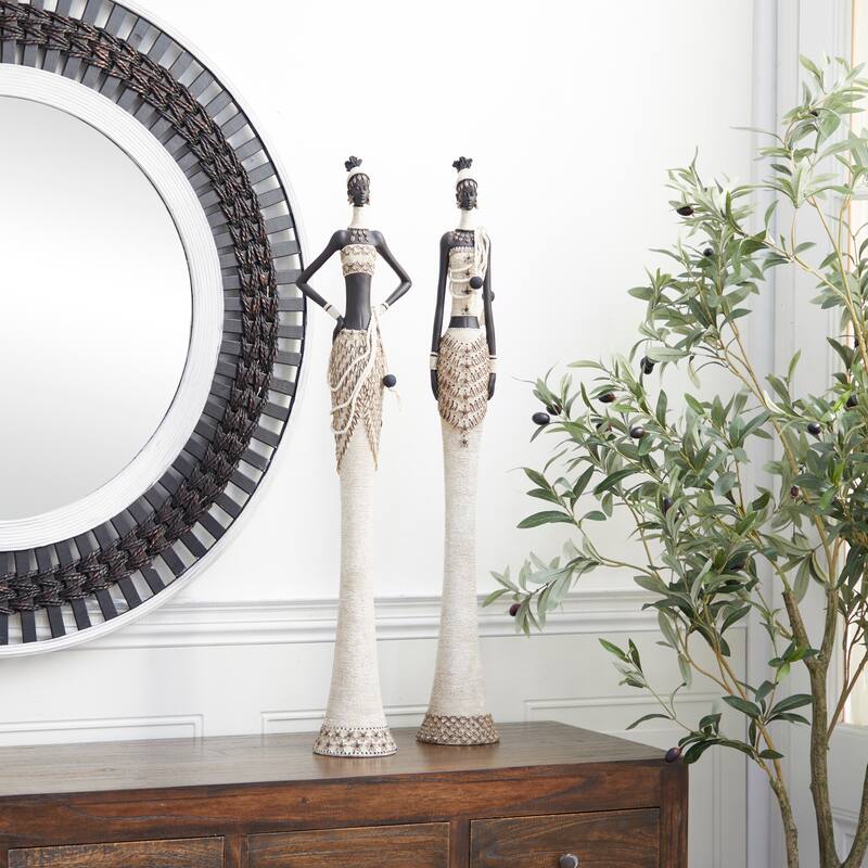 White Polystone Handmade Standing African Woman Decorative Sculpture with Intricate Details (Set of 2) - White