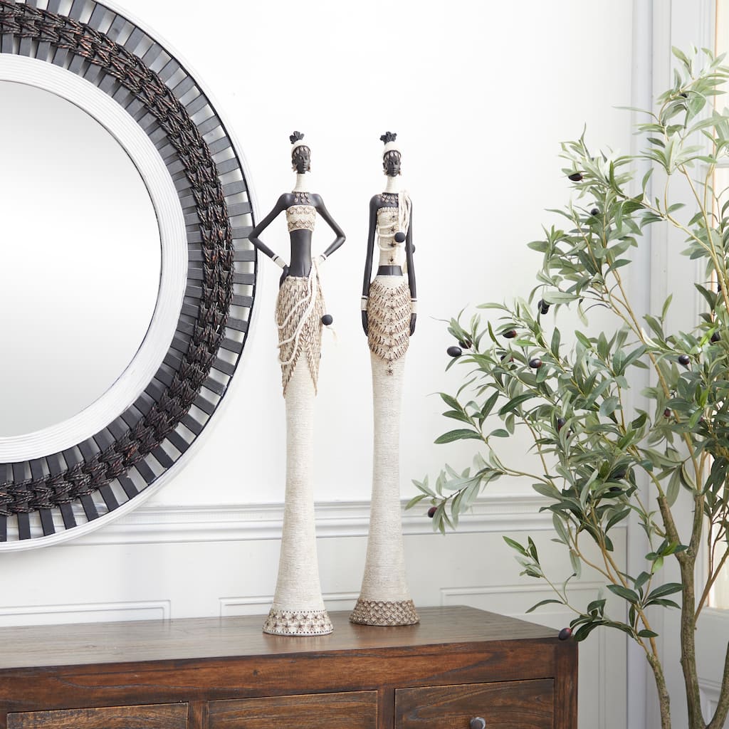 White Polystone Handmade Standing African Woman Decorative Sculpture with Intricate Details (Set of 2)