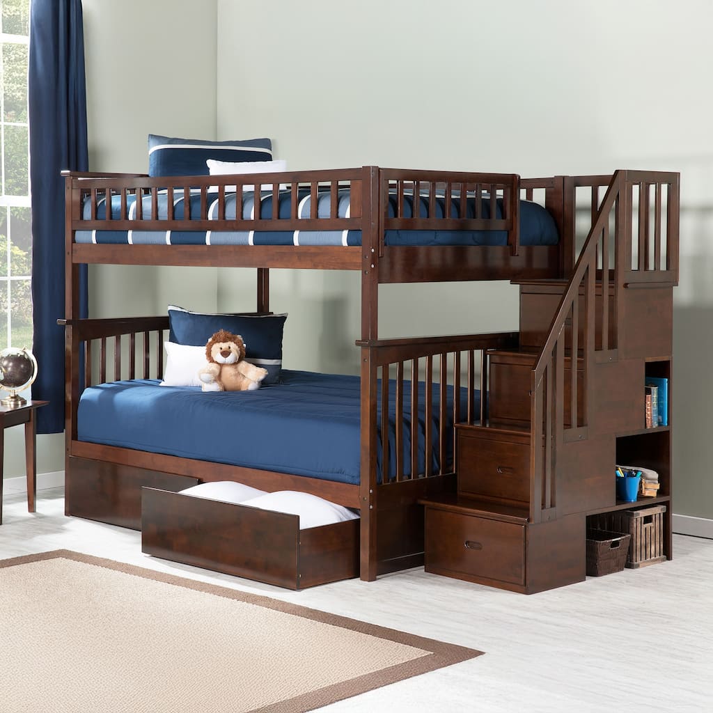 AFI Columbia Full over Full Size Staircase Bunk Bed with Bed Drawers & Charging Station in Walnut