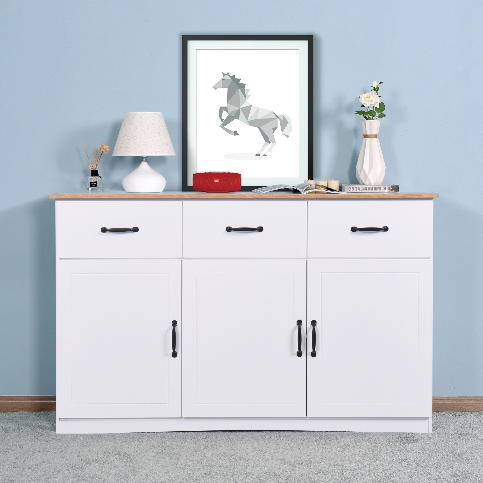 White Buffet Cabinet with Storage Kitchen Sideboard 3 Doors 3 Drawers - Bed Bath & Beyond