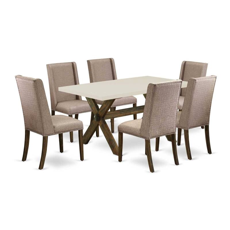 HomeStock 7-Pc Rectangle Natural Oak Finish Solid Wood Top Dining Table with 6-Chairs