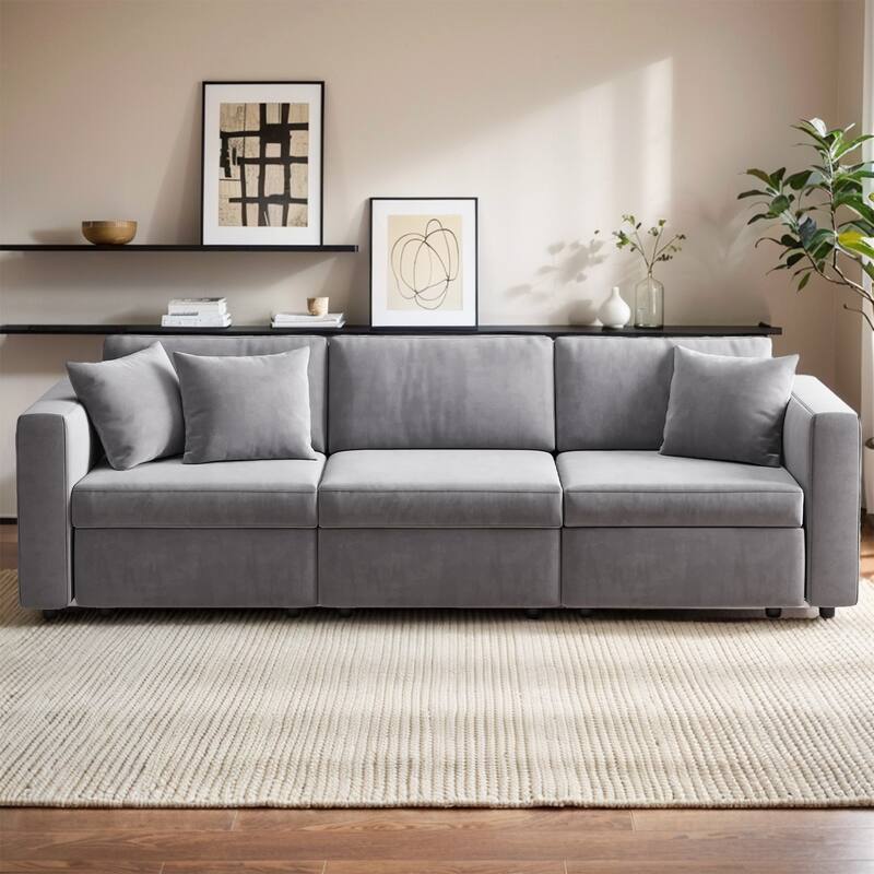 Pocassy Cloud Sectional Couch Upholstered Velvet Couches - 3-Seat without Ottoman - Grey