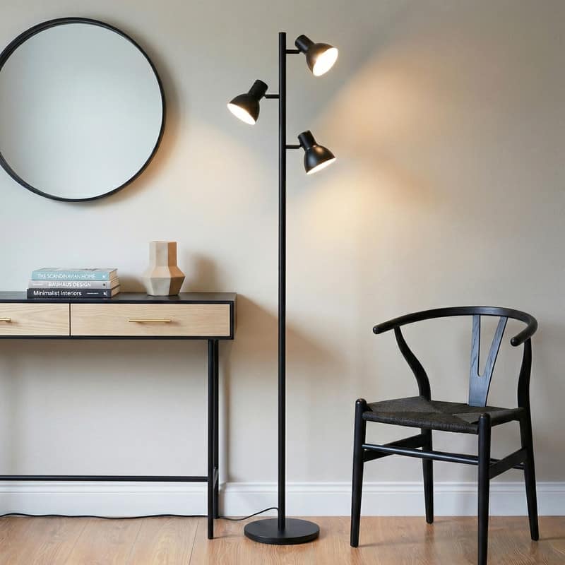 Brightech Ethan 65.5 in. Classic Black Mid-Century Modern 3-Light 3-Way Dimming LED Floor Lamp with 3 Black Metal Cone Shades