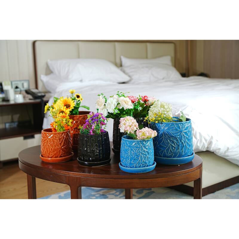 Scarlet Red Ceramic Planter Set of 2 - 8" Square Modern Flower Pots with Drainage Holes - Red