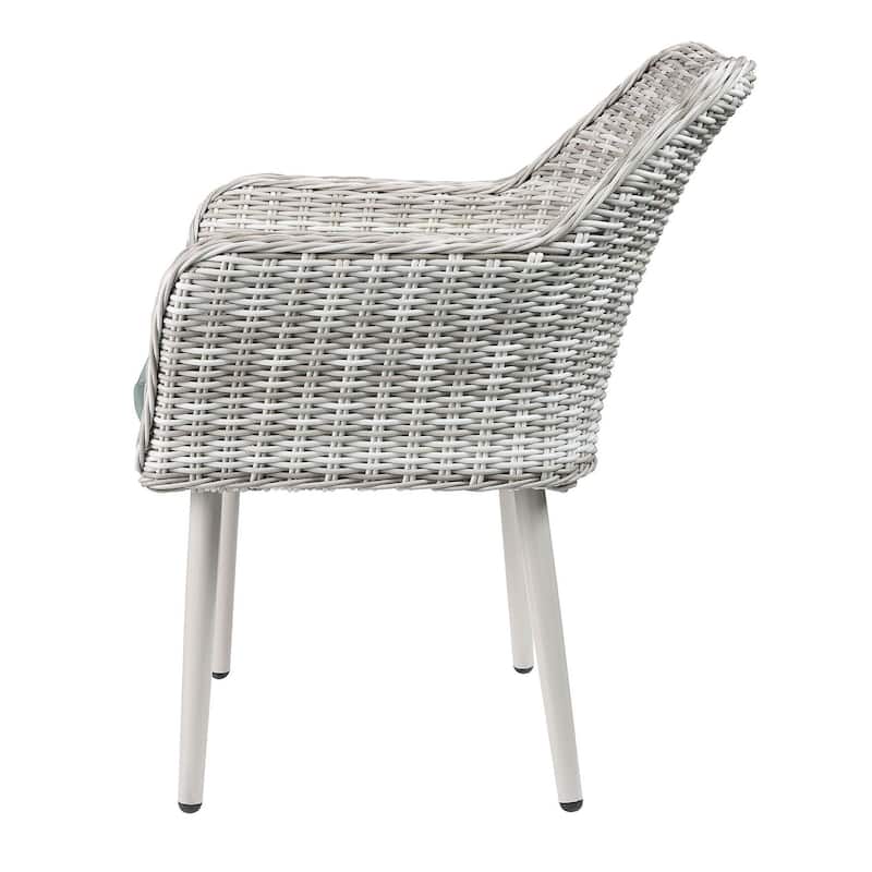 Beige Wicker Patio Bistro Set with Green Fabric Cushions - 3-Piece Outdoor Dining Set with Glass Top Table and Armchairs