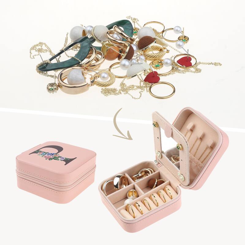 Portable Jewelry Box with Mirror, Mini PU Leather Jewelry Organizer Boxes Storage Display Holder - Pink - P