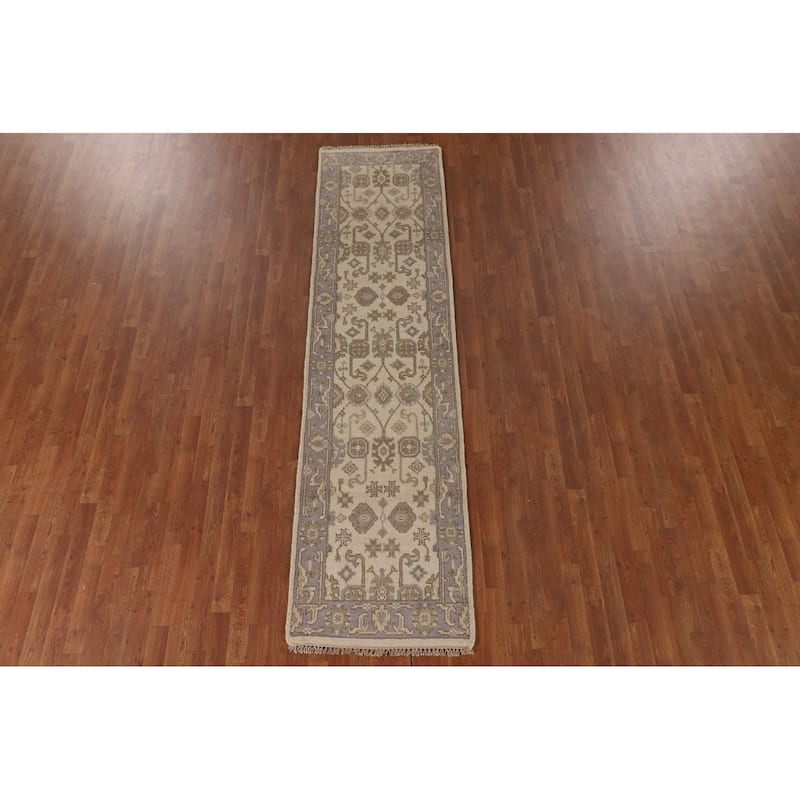 Beige Oushak Oriental Runner Rug Handmade Wool Carpet - 2'7"x 10'0"
