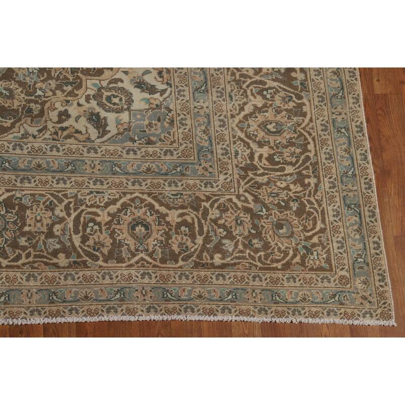 Traditional Mashad Persian Vintage Rug Bedroom Handmade Wool Carpet - 9'6" x 13'3"