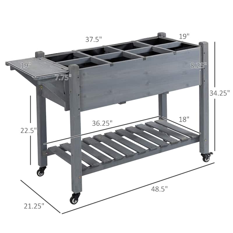 Outsunny 49'' x 21'' x 34'' Raised Garden Bed w/ 8 Grow Grids, Outdoor Wood Plant Stand w/ Storage Shelf and Lockable Wheels