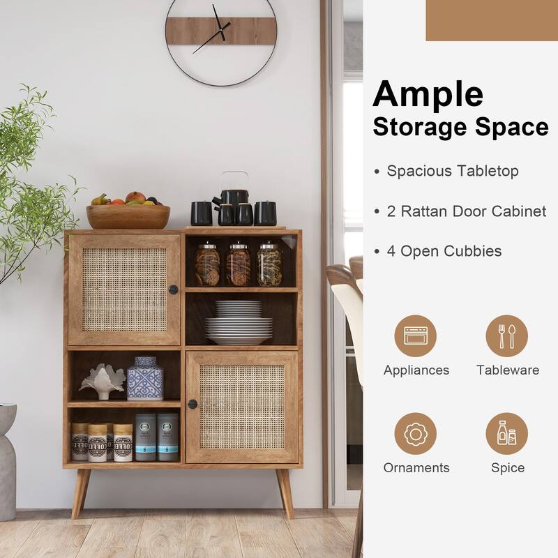 Boho Rattan Storage Cabinet with 2 Doors and 4 Cubbies Wood Buffet Sideboard for Kitchen - 31.5" x 11.5" x 38"