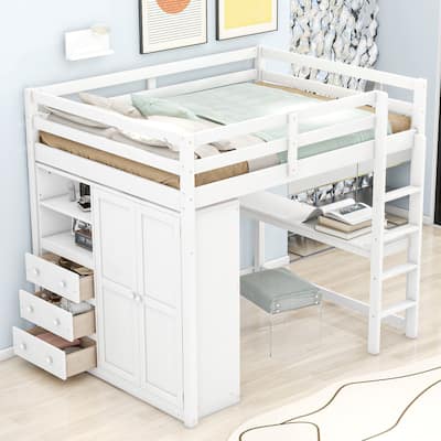 White Full Size Solid Wood Loft Bed with Built-in Wardrobe, Desk, Storage Shelves and Drawers