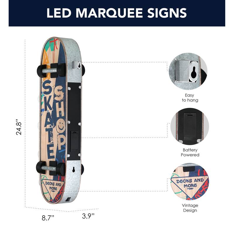 Metal LED Skate Shop Decks and More Marquee Wal Sign - 20" x 6.5" x 3"