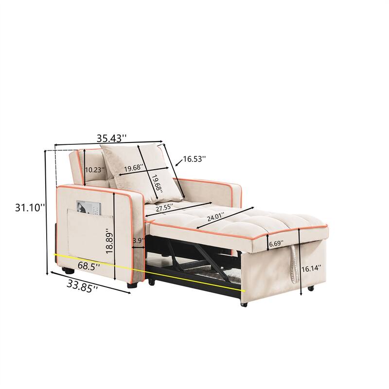 Three-in-one Sofa Bed Adjustable Back into a Sofa Recliner Single Bed - Creamy White