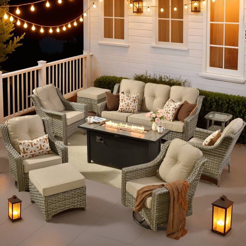 HOOOWOOO 9-piece Patio Furniture Set High Backrest Swivel Chairs with Fire Pit - Beige