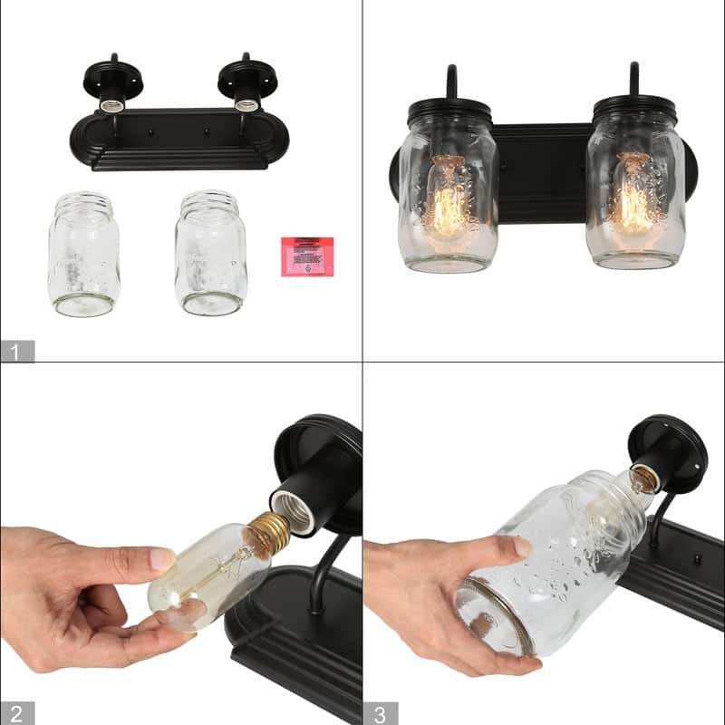 Modern Farmhouse 2-Light Vanity Light Mason Jar Glass Wall Sconces - 14" L x 8.5" H