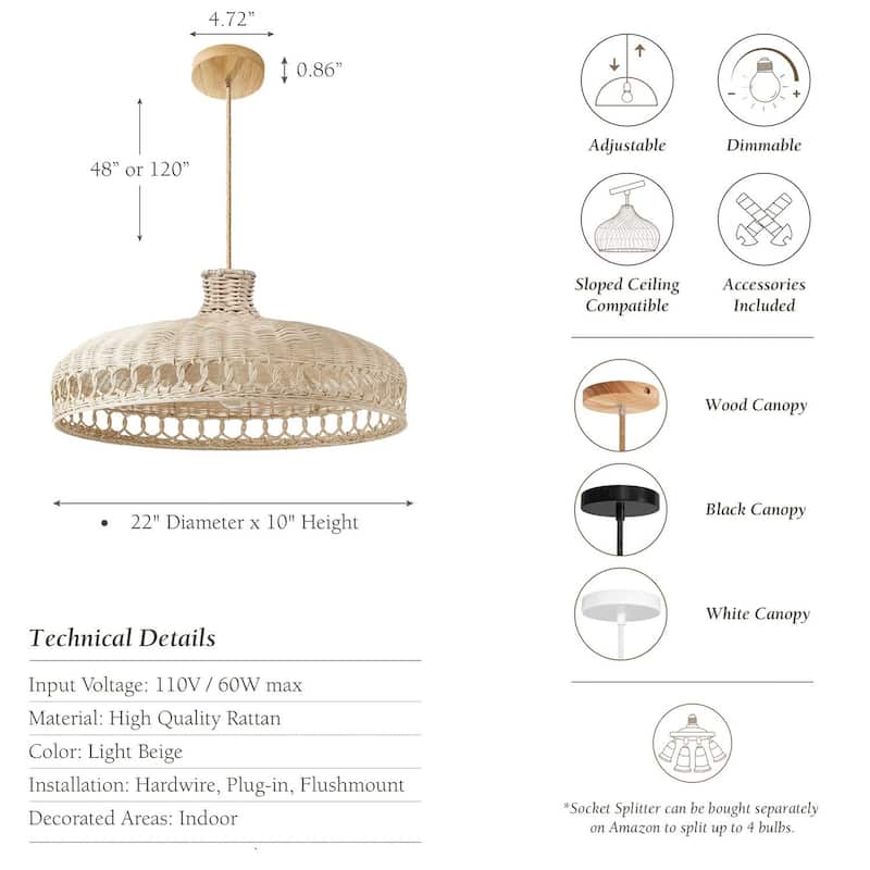 Verona - 22" Rattan Plug-In or Hardwired Pendant Light for Kitchen, Dining, Bedroom in Boho & Coastal Style - 22'' - 180" Plug-In Natural - Light Beige