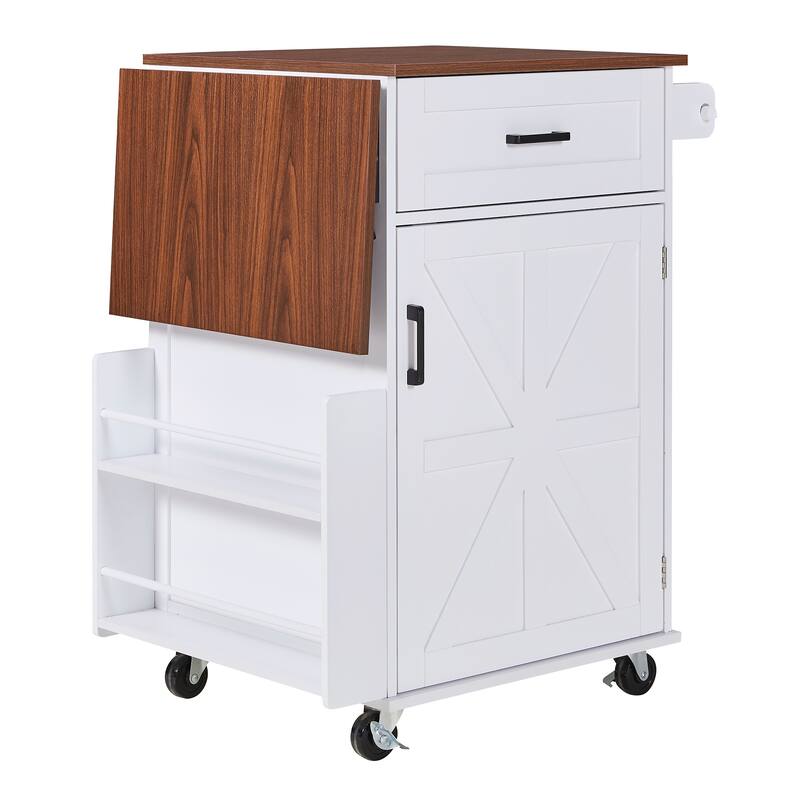 39.3" Farmhouse Kitchen Island with Drop Leaf, Towel Rack & Rolling Cart