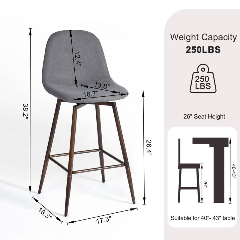 Homy Casa Set of 2 Fabric Counter Stools with Curved Back and Metal Legs - For Kitchen Islands and Counter Seating - N/A