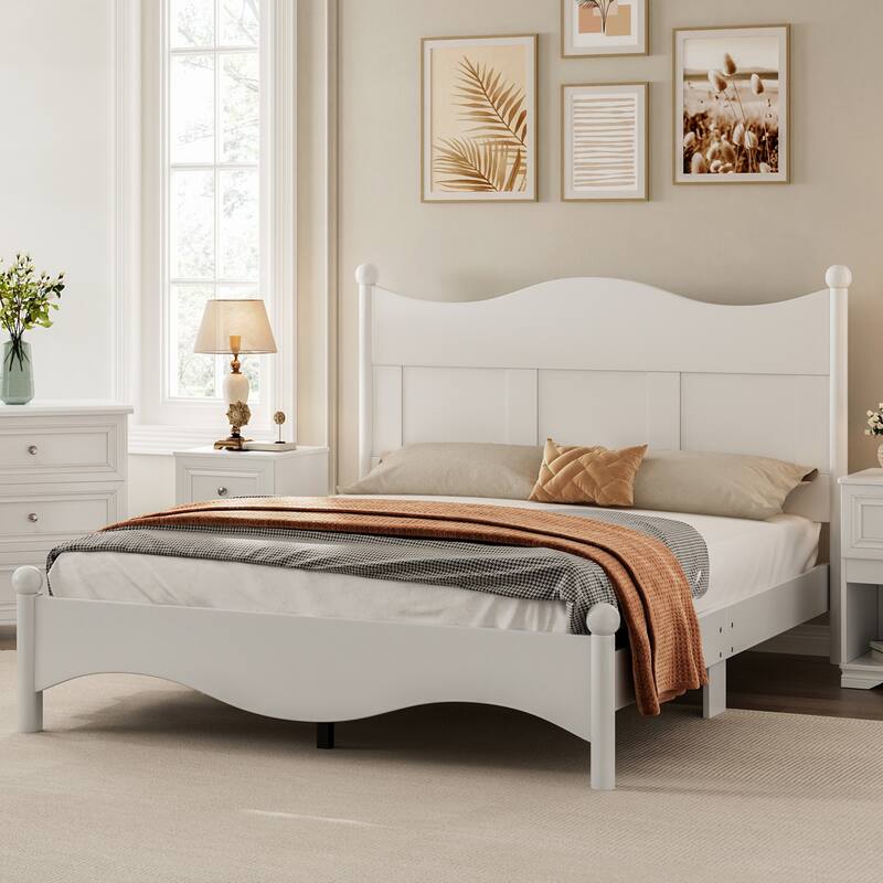 Elegant Design Wood Platform Bed Frame with Headboard, Queen Size Platform Bed with Wooden Slat Support, No Box Spring Needed - White - Queen
