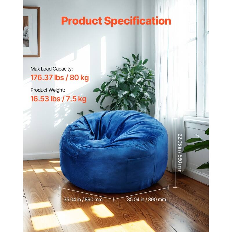 3 Ft Round Bean Bag Chair with Removable Velvet Cover and Memory Foam - 35.04 x 35.04 x 22.05 inches