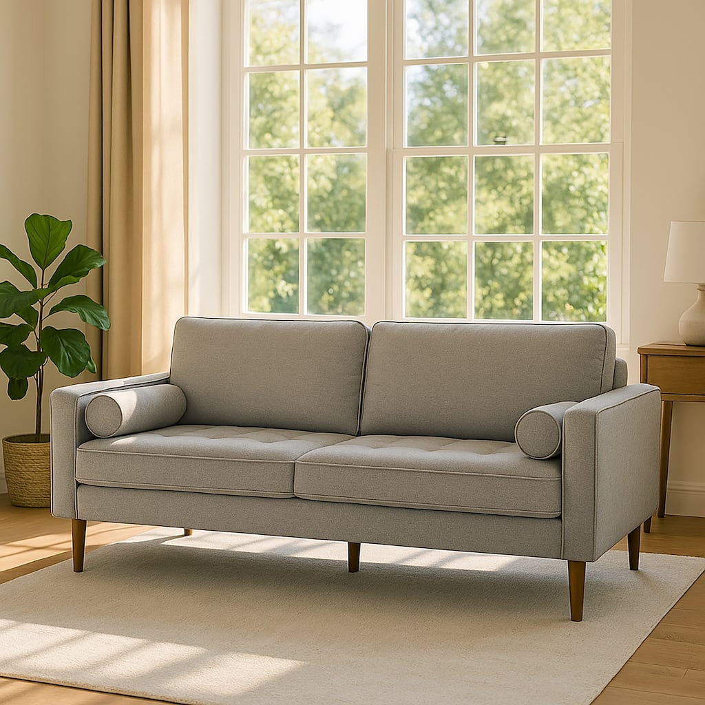 Bisera Beige Twill Tufted Fabric Sofa with Walnut Wood Legs