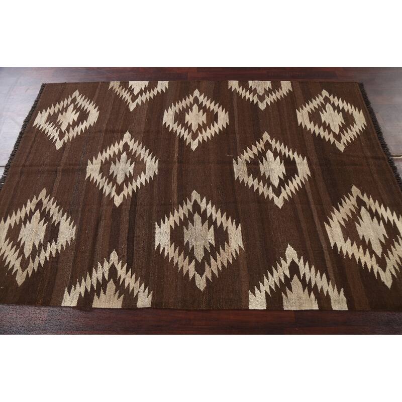 Natural Dye Tribal Geometric Kilim Oriental Area Rug Wool Flat-weave - 4'8" x 6'8"