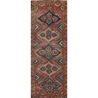 Vegetable Dye Hamedan Persian Vintage Runner Rug Geometric Wool Carpet - 2'11"x 10'1"