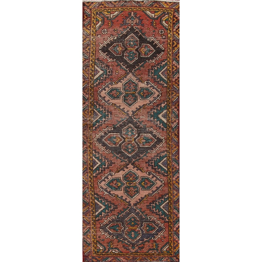 Vegetable Dye Hamedan Persian Vintage Runner Rug Geometric Wool Carpet - 2'11"x 10'1"
