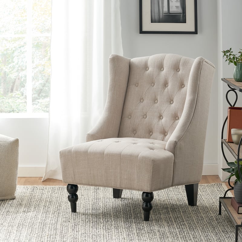 Roomfitters Tufted Wingback Accent Chair with Curved Back and Turned Legs, Upholstered Lounge Chair, Beige