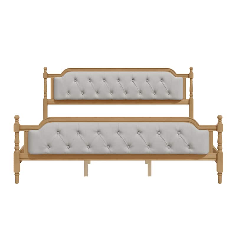 King Size Platform Bed with Tufted Headboard Solid Pine Wood Frame
