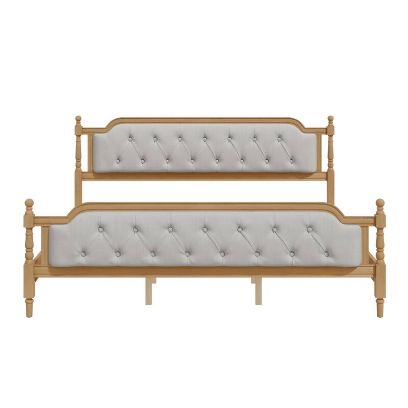 Traditional Style Solid Wood Bed Frame with Upholstered Tufted Headboard,No Box Spring Needed,King Size, Walnut