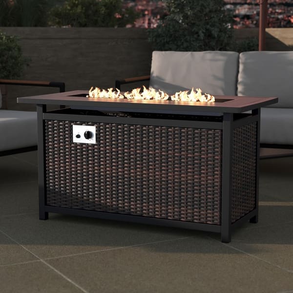 Outdoor 50,000 BTU Fire Table with Steel Top and Wicker Base Bed Bath