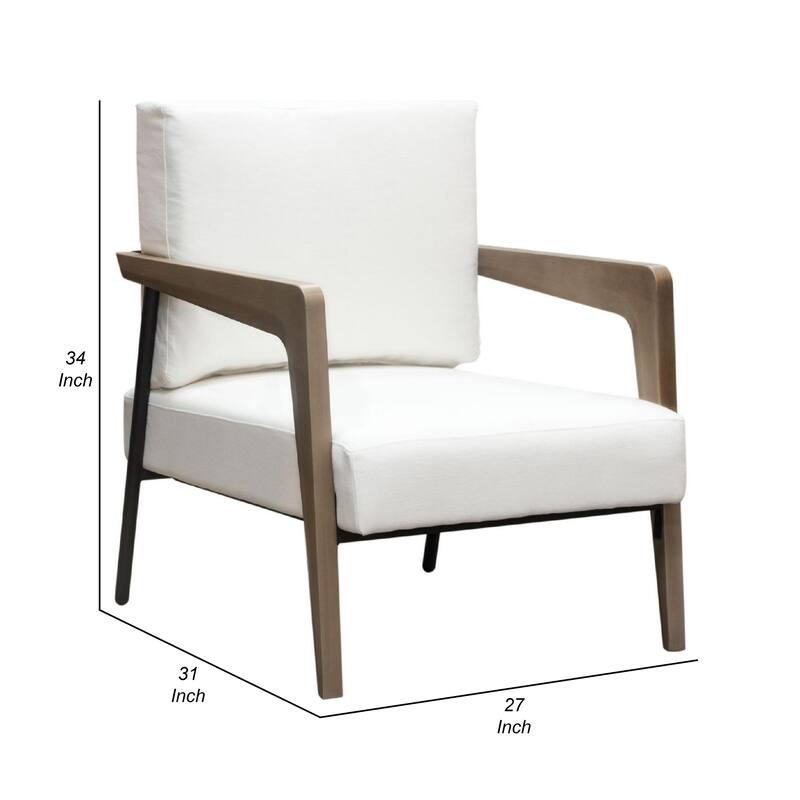 Deni Accent Armchair, White Polyester Linen Seat, Curved Wood Legs
