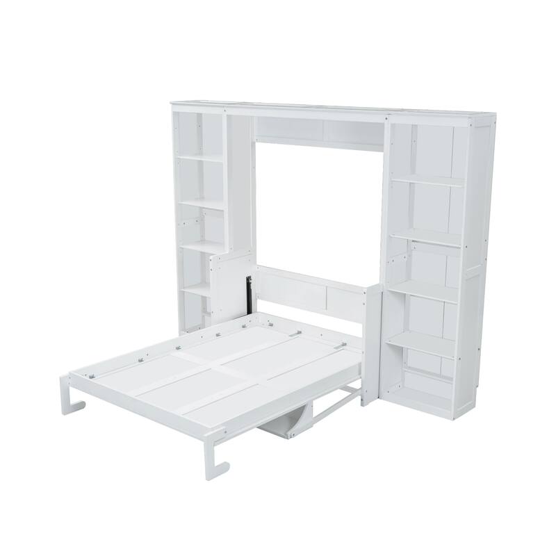 Full Size Murphy Bed with 2 Side Cabinet Storage Shelves, Hidden Convertible Folding WallBed with Desk Combo for Bedroom