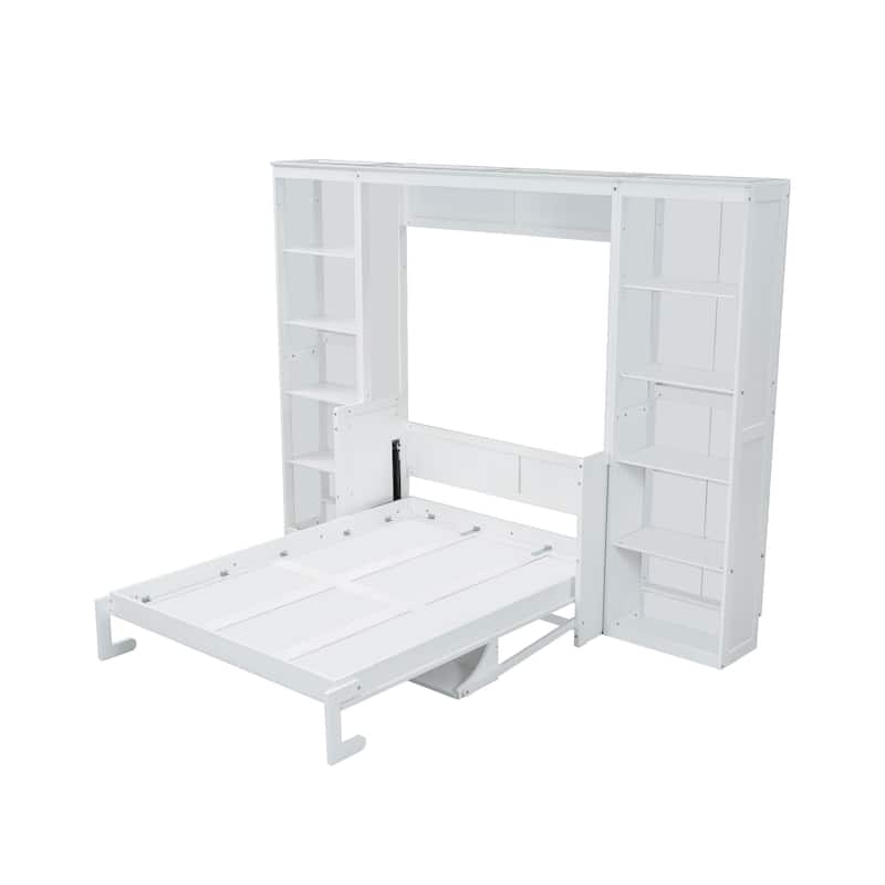 Large Murphy Bed, Wood Folding Wall Bed with Desk and Bookshelf