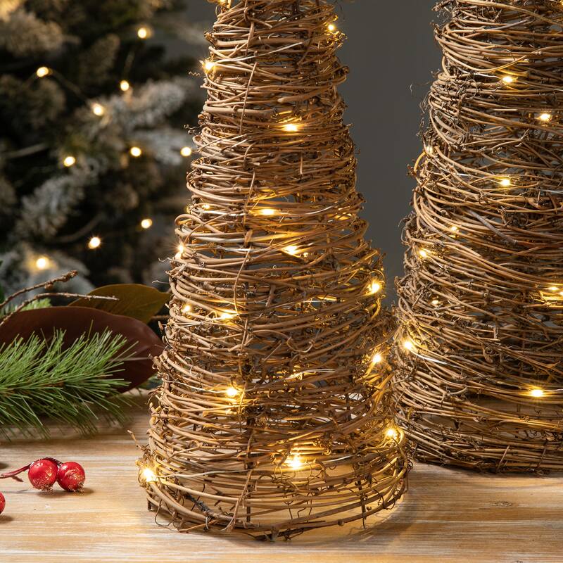 Glitzhome Set of 2 Lighted Rattan Christmas Table Tree Decor with Timer - Brown