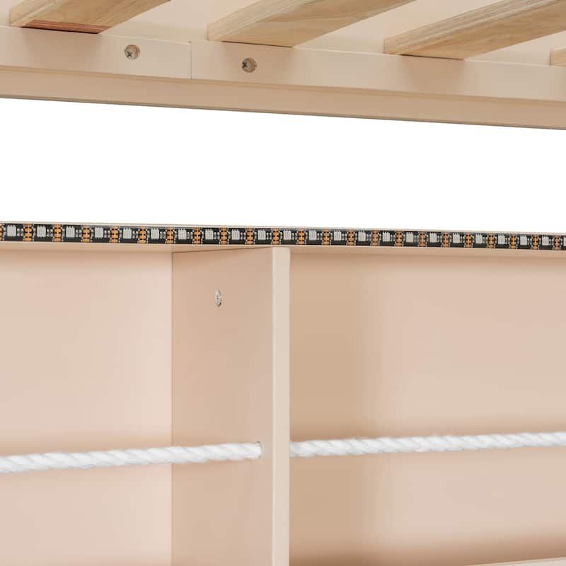 Full XL over Queen/Full over Full Bunk Bed with Integrated Shelving, Color-Changing Lights & Pegboard